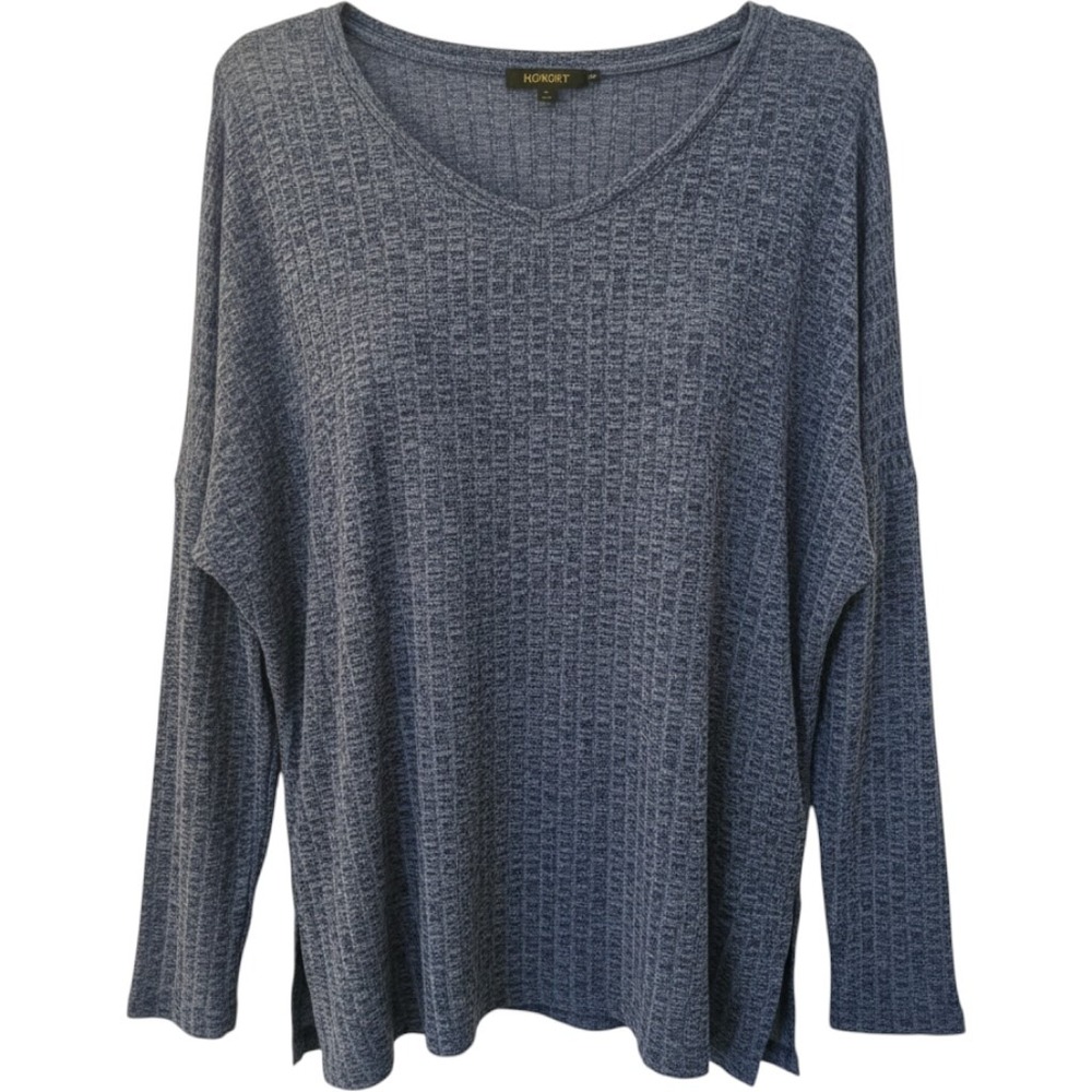 HOTGIFT Women's Blue V-Neck Long Sleeve Textured Knit Pullover Sweater L